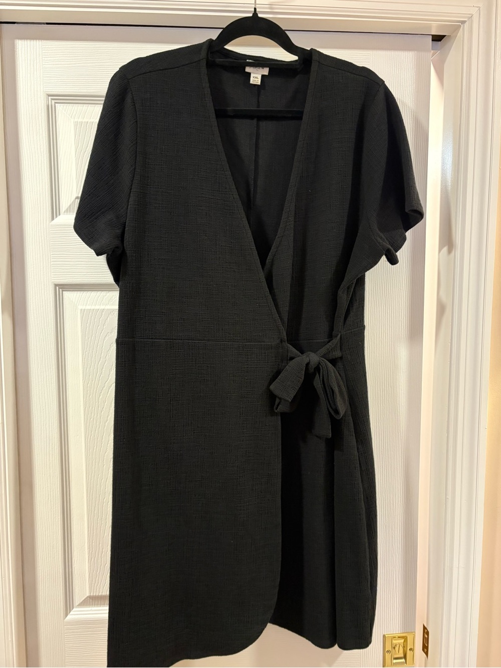 Black Wrap Short-Sleeve Dress with Tie Waist